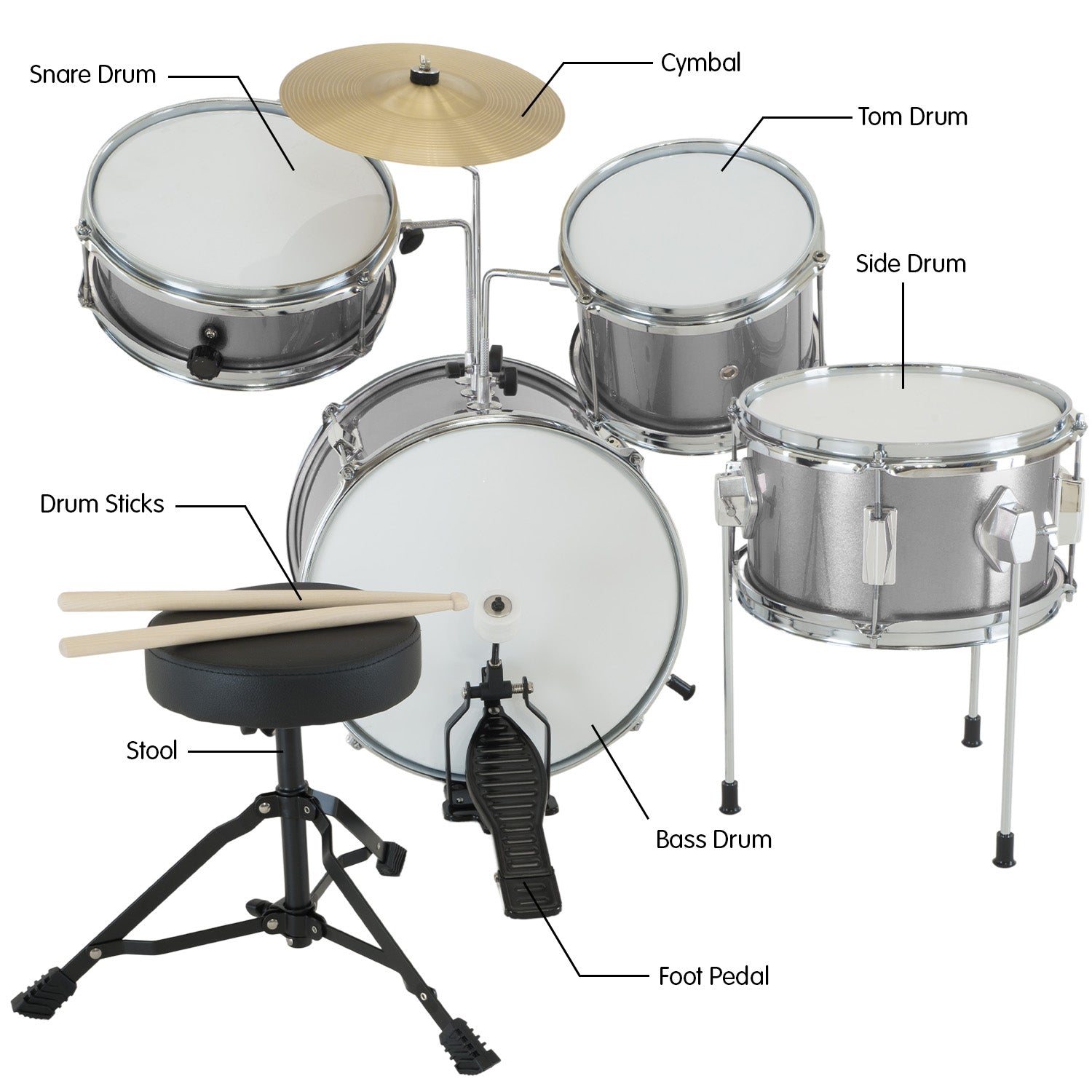 Karrera Children's 4pc Drum Kit in silver with drumsticks, stool, and cymbal, designed for young drummers.