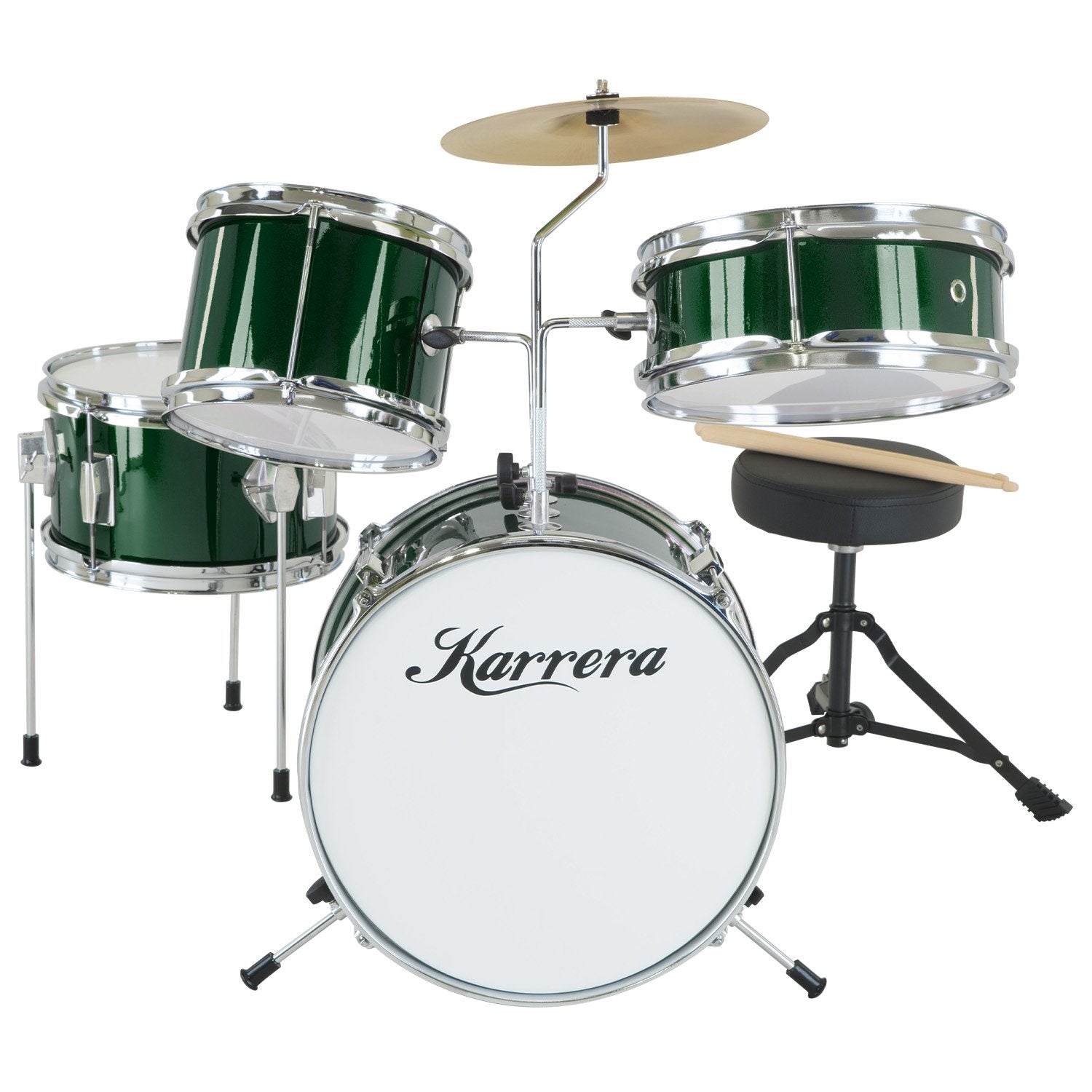 Karrera Children's 4pc Drumkit in Green with metallic finish, featuring bass drum, tom drums, snare drum, cymbal, and drumsticks.