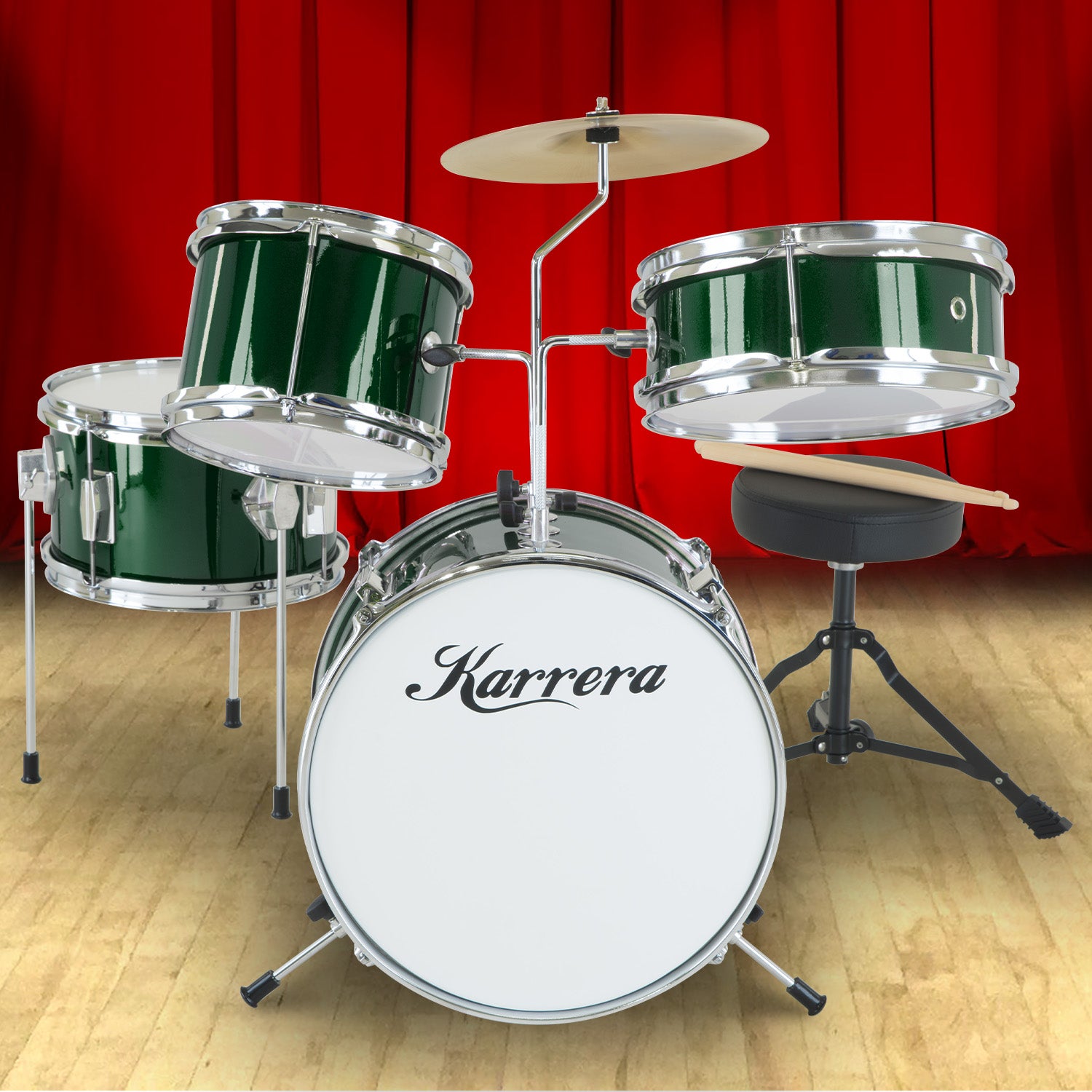 Karrera Children's 4pc Drumkit in Green with metallic finish, featuring bass drum, tom drums, snare drum, cymbal, and drumsticks.