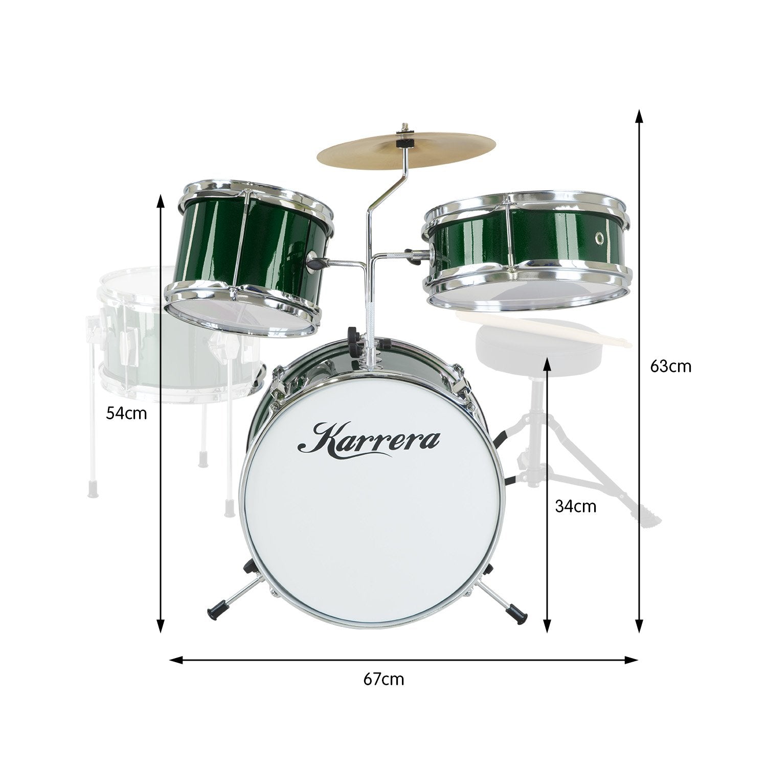 Karrera Children's 4pc Drumkit in Green with metallic finish, featuring bass drum, tom drums, snare drum, cymbal, and drumsticks.