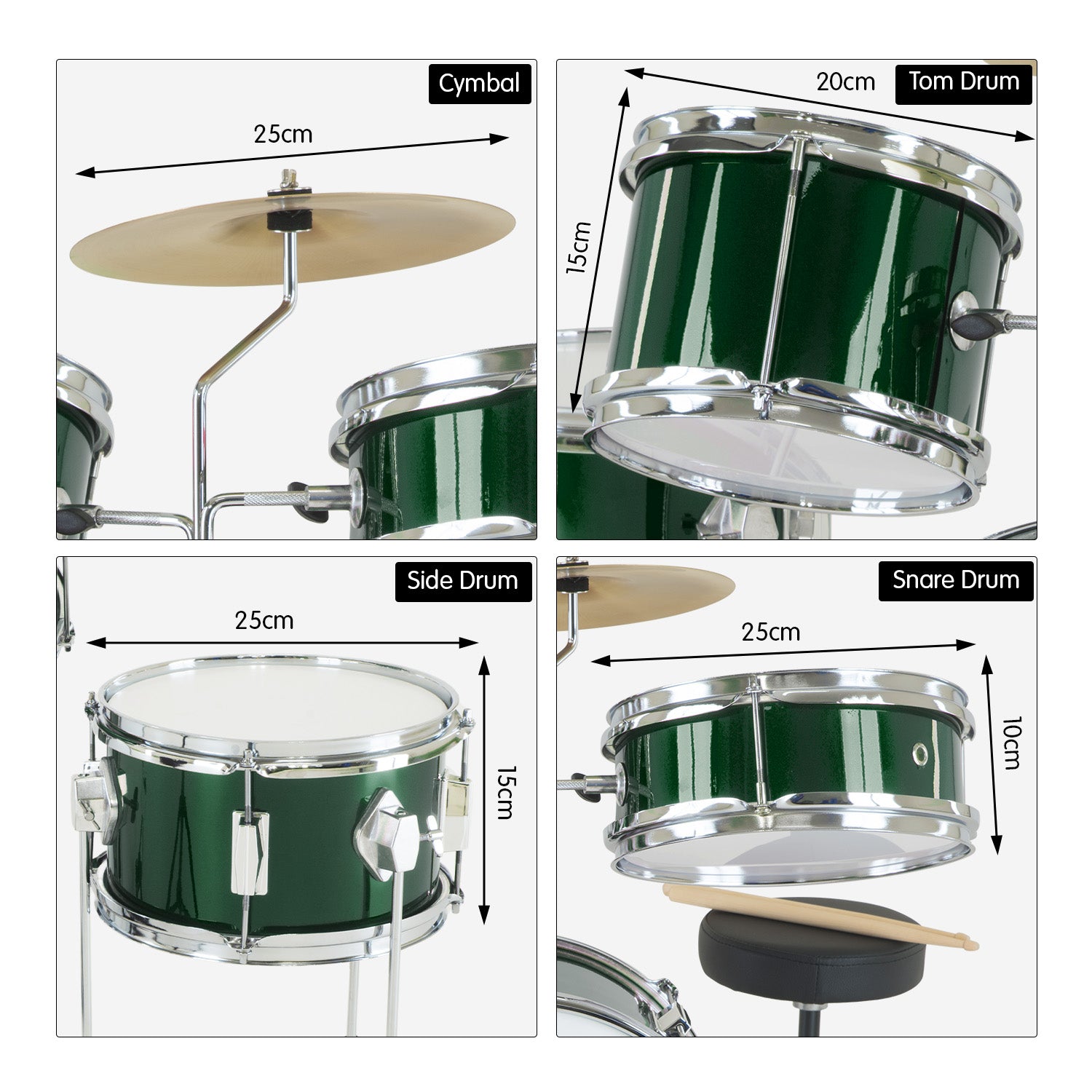 Karrera Children's 4pc Drumkit in Green with metallic finish, featuring bass drum, tom drums, snare drum, cymbal, and drumsticks.