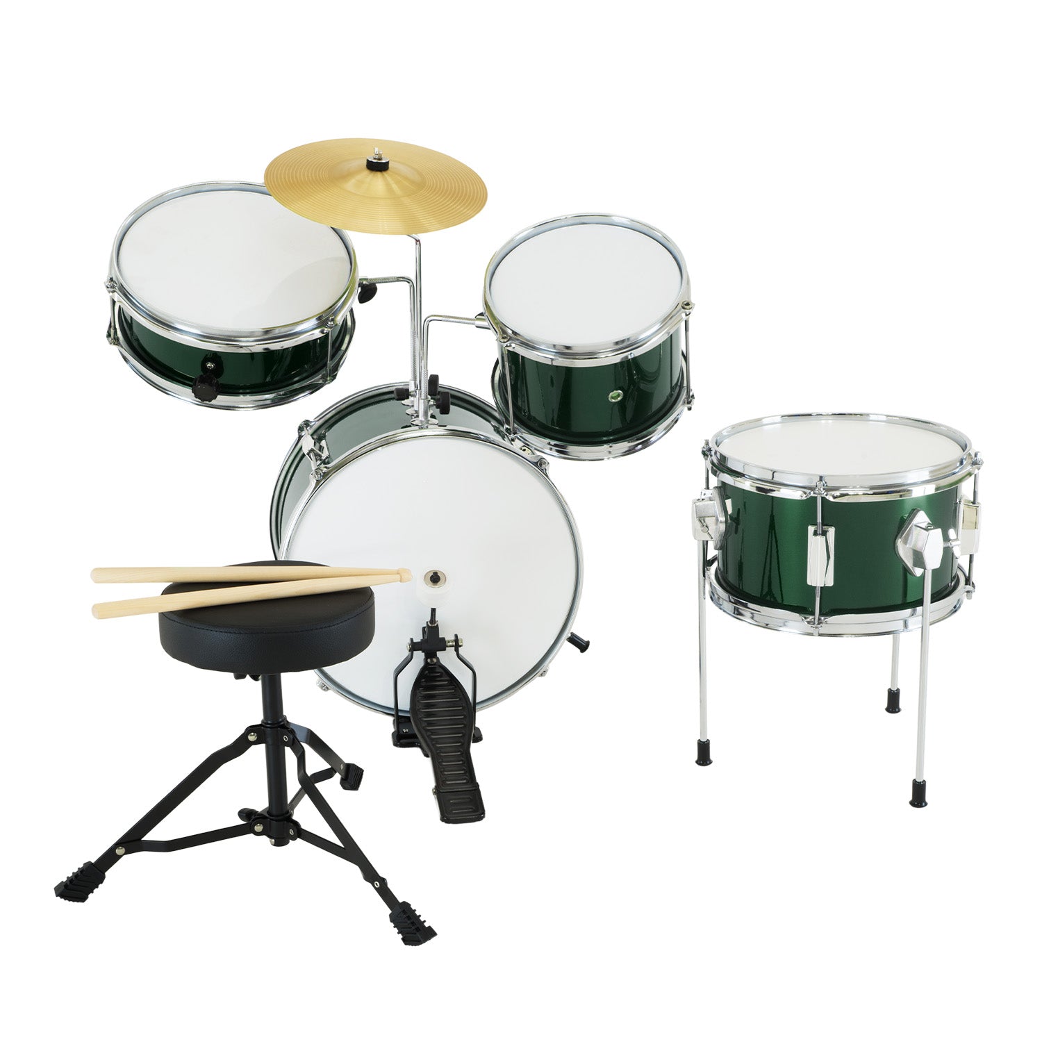 Karrera Children's 4pc Drumkit in Green with metallic finish, featuring bass drum, tom drums, snare drum, cymbal, and drumsticks.