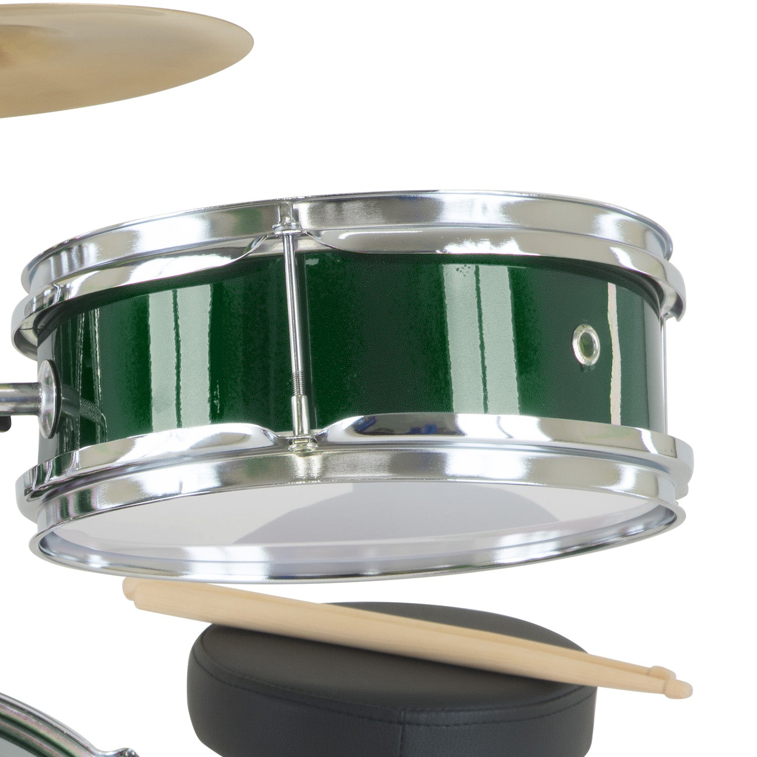 Karrera Children's 4pc Drumkit in Green with metallic finish, featuring bass drum, tom drums, snare drum, cymbal, and drumsticks.