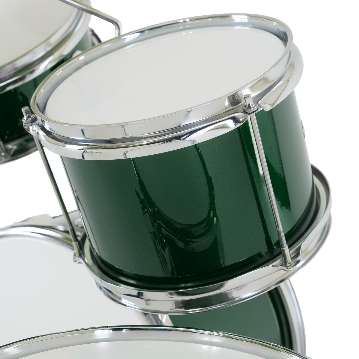 Karrera Children's 4pc Drumkit in Green with metallic finish, featuring bass drum, tom drums, snare drum, cymbal, and drumsticks.