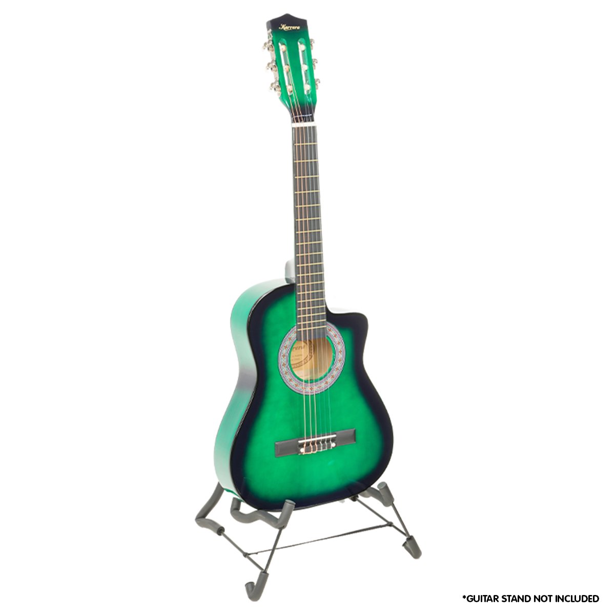 Karrera Children's Acoustic Guitar in Green, featuring a cutaway design, high-quality finish, and suitable for kids learning to play.