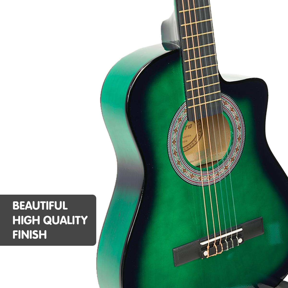 Karrera Children's Acoustic Guitar in Green, featuring a cutaway design, high-quality finish, and suitable for kids learning to play.