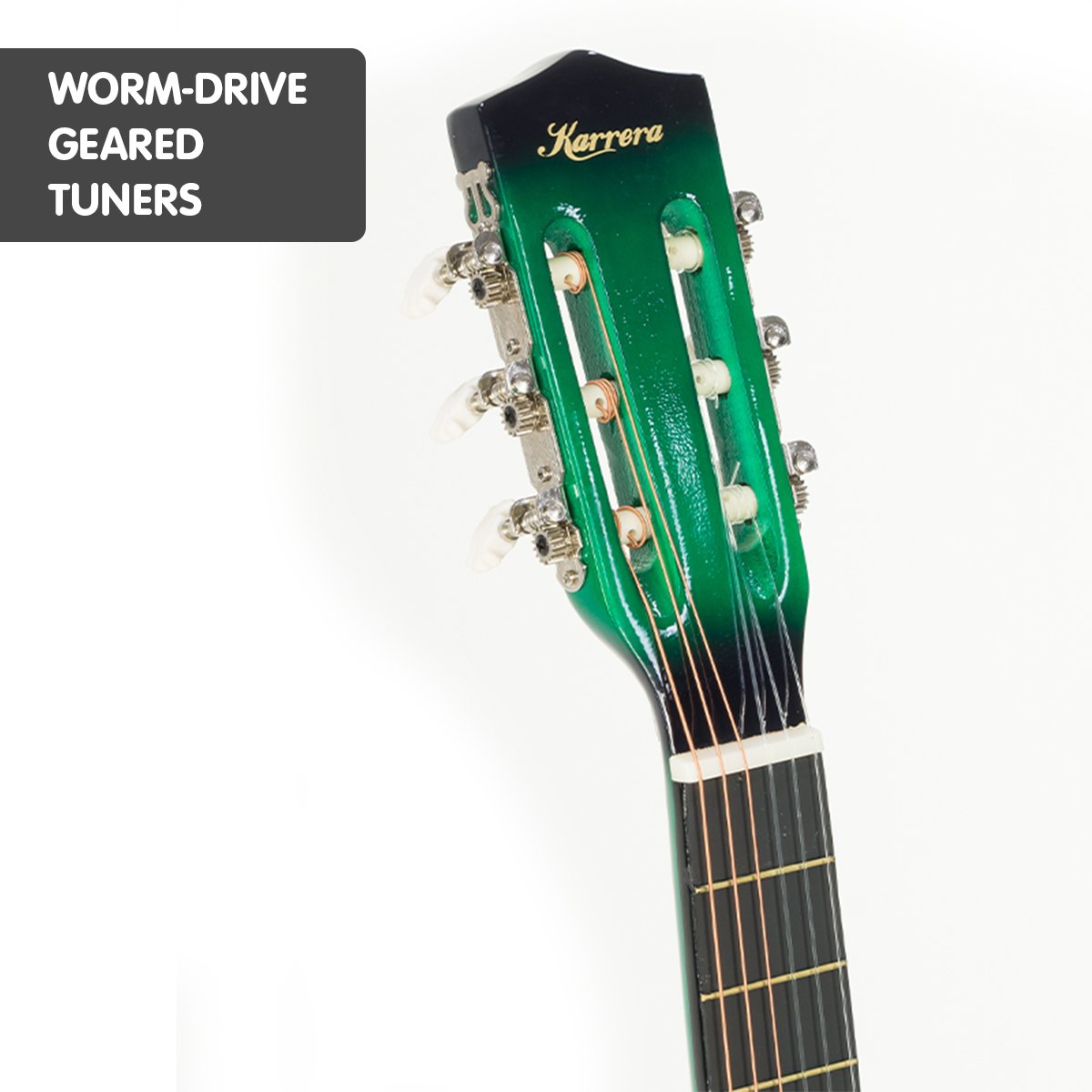 Karrera Children's Acoustic Guitar in Green, featuring a cutaway design, high-quality finish, and suitable for kids learning to play.