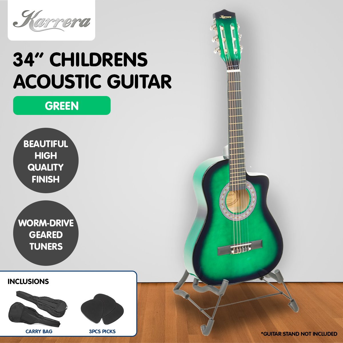 Karrera Children's Acoustic Guitar in Green, featuring a cutaway design, high-quality finish, and suitable for kids learning to play.