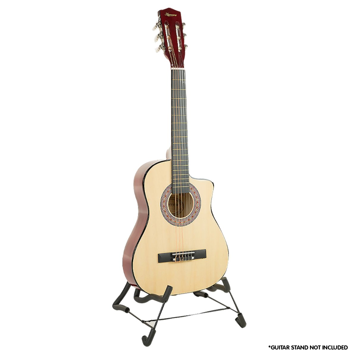 Karrera Children's Acoustic Guitar in natural finish, showcasing its cutaway design and high-quality craftsmanship.