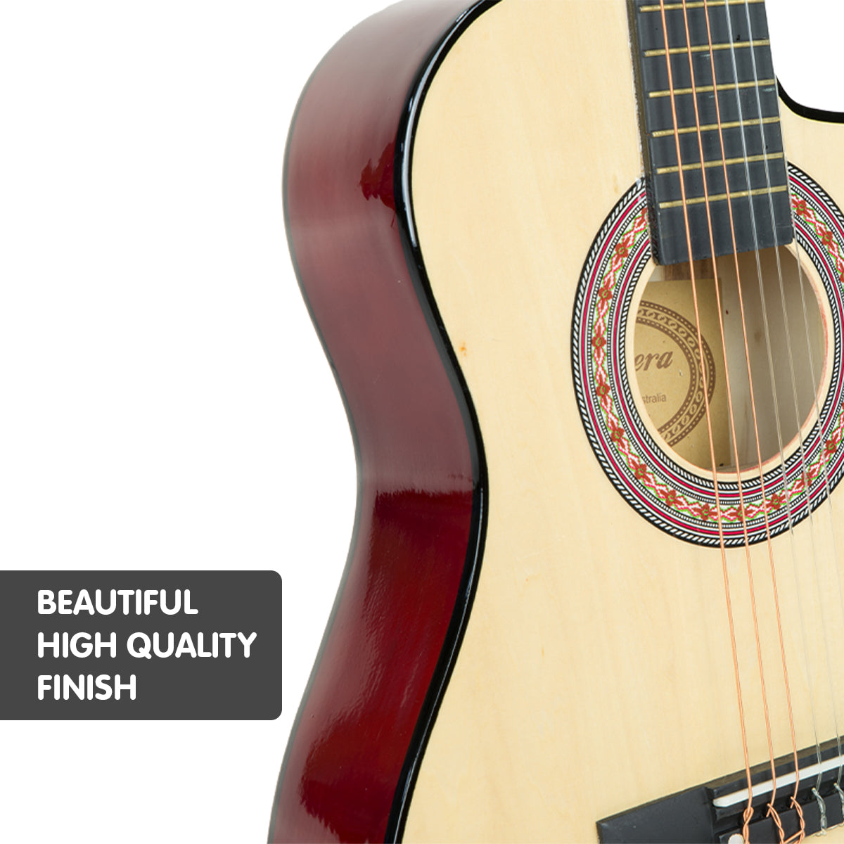 Karrera Children's Acoustic Guitar in natural finish, showcasing its cutaway design and high-quality craftsmanship.