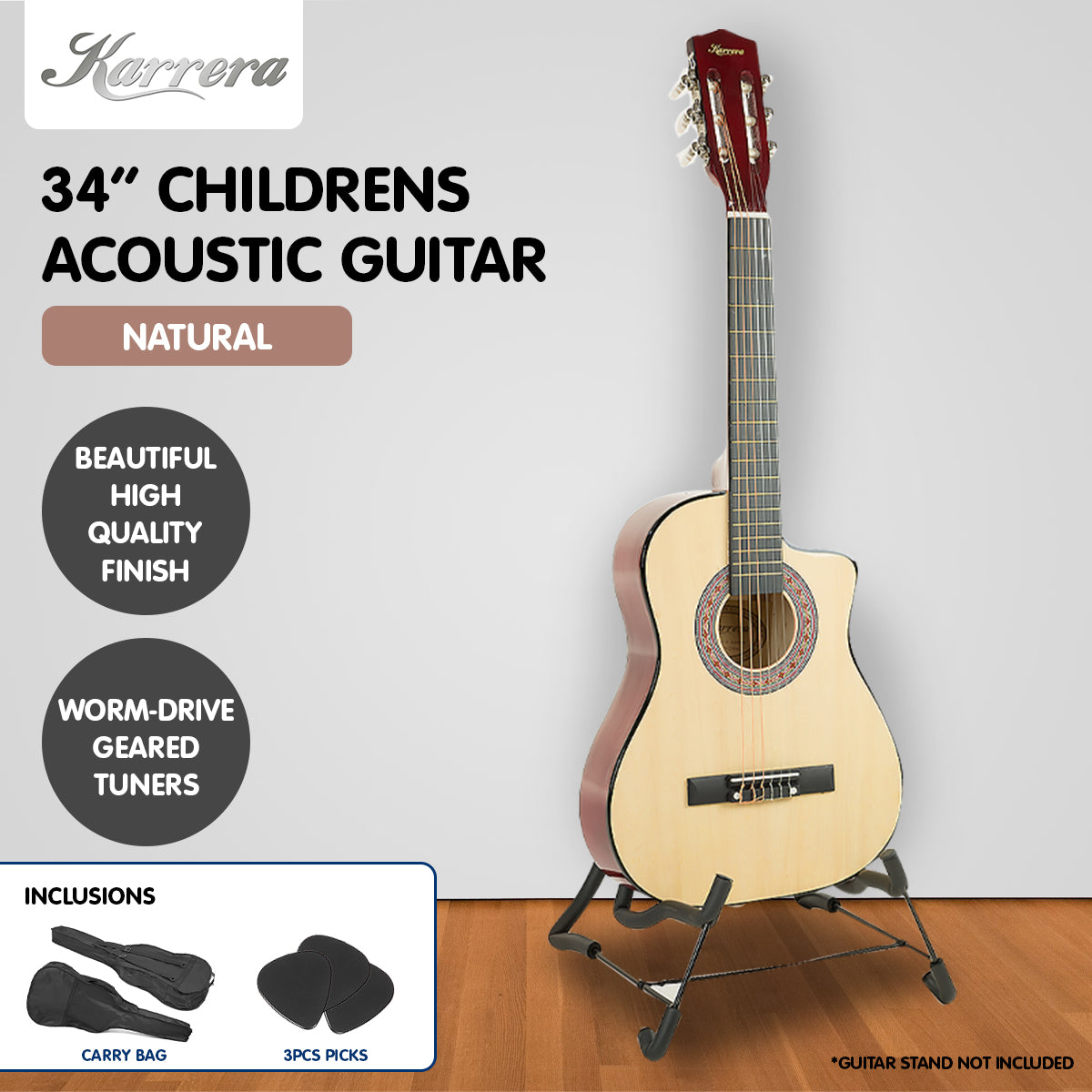 Karrera Children's Acoustic Guitar in natural finish, showcasing its cutaway design and high-quality craftsmanship.