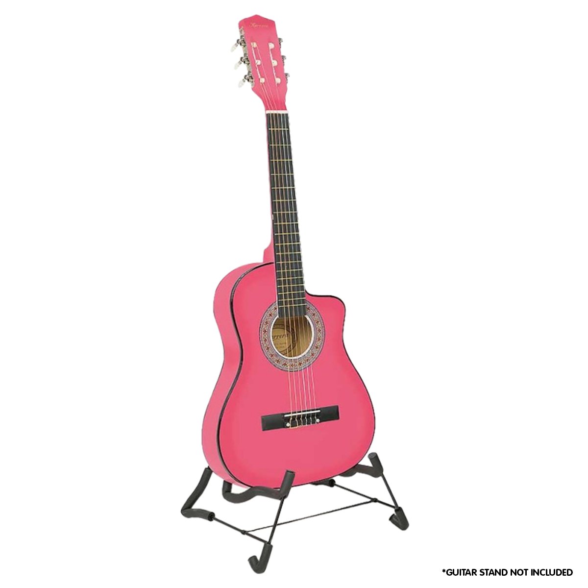 Karrera Children's Acoustic Guitar in Pink, showcasing its beautiful finish and cutaway design, perfect for young learners.