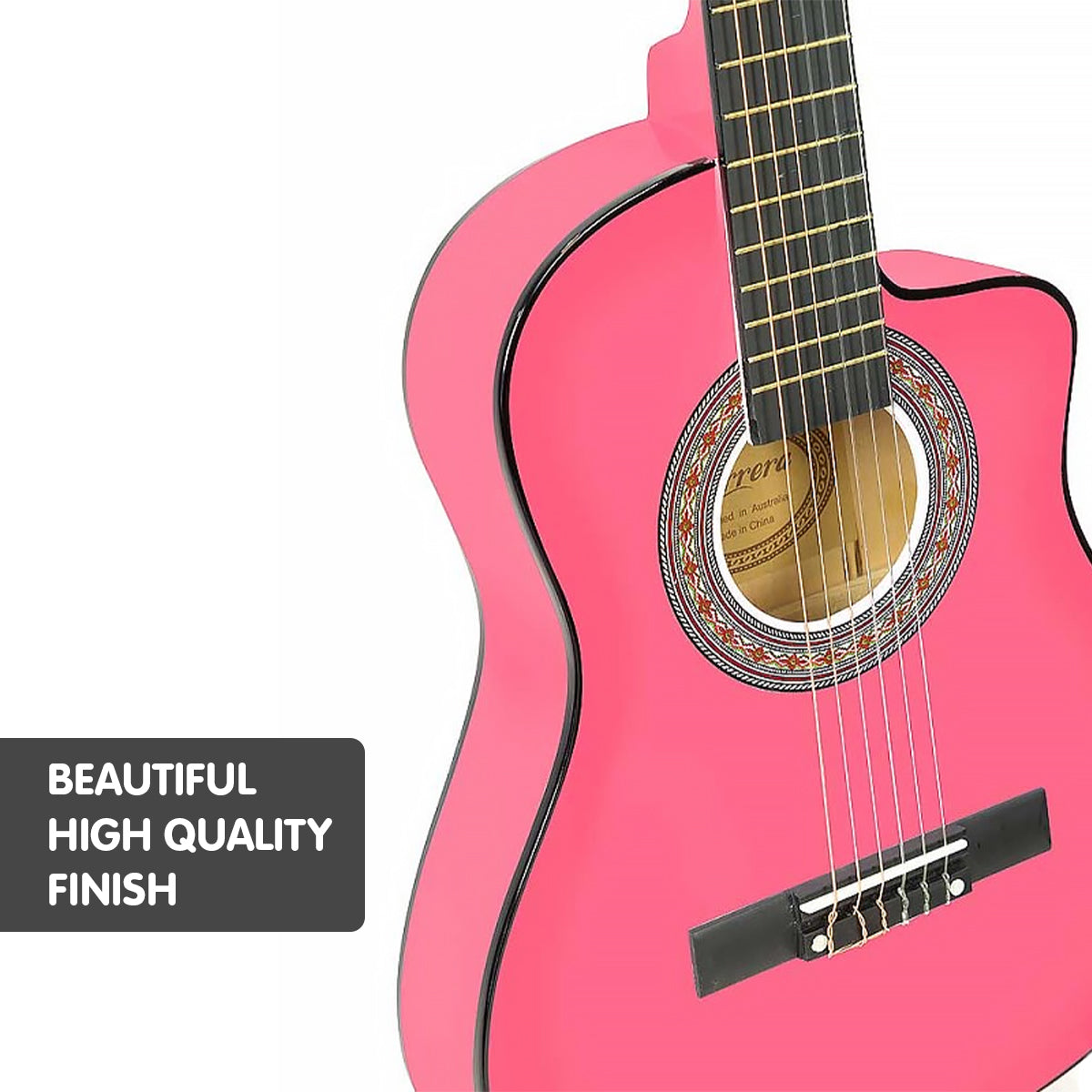 Karrera Children's Acoustic Guitar in Pink, showcasing its beautiful finish and cutaway design, perfect for young learners.