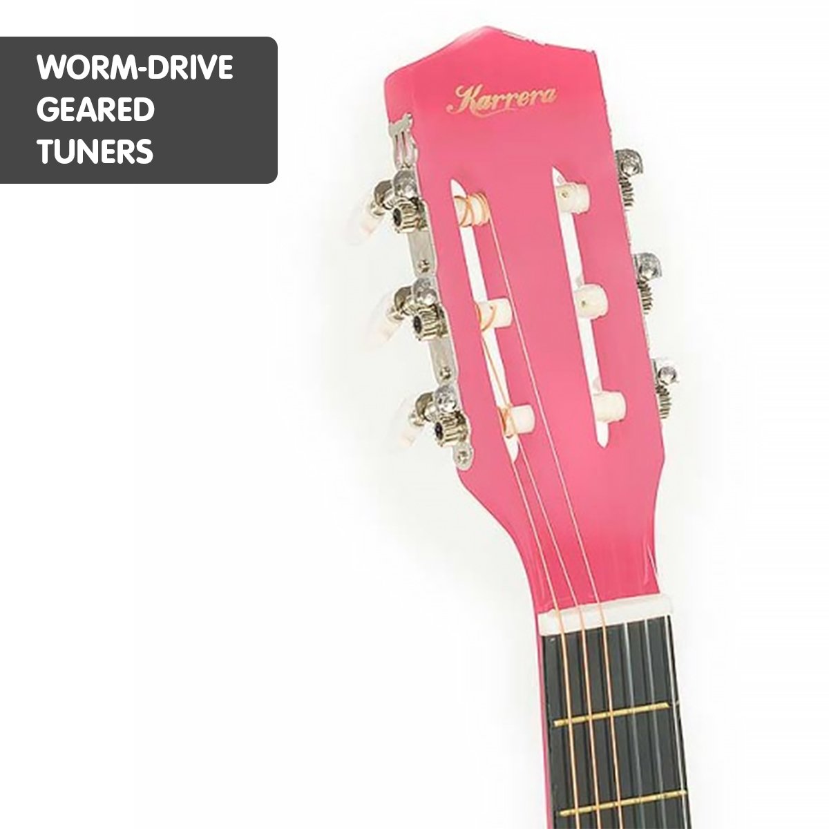 Karrera Children's Acoustic Guitar in Pink, showcasing its beautiful finish and cutaway design, perfect for young learners.