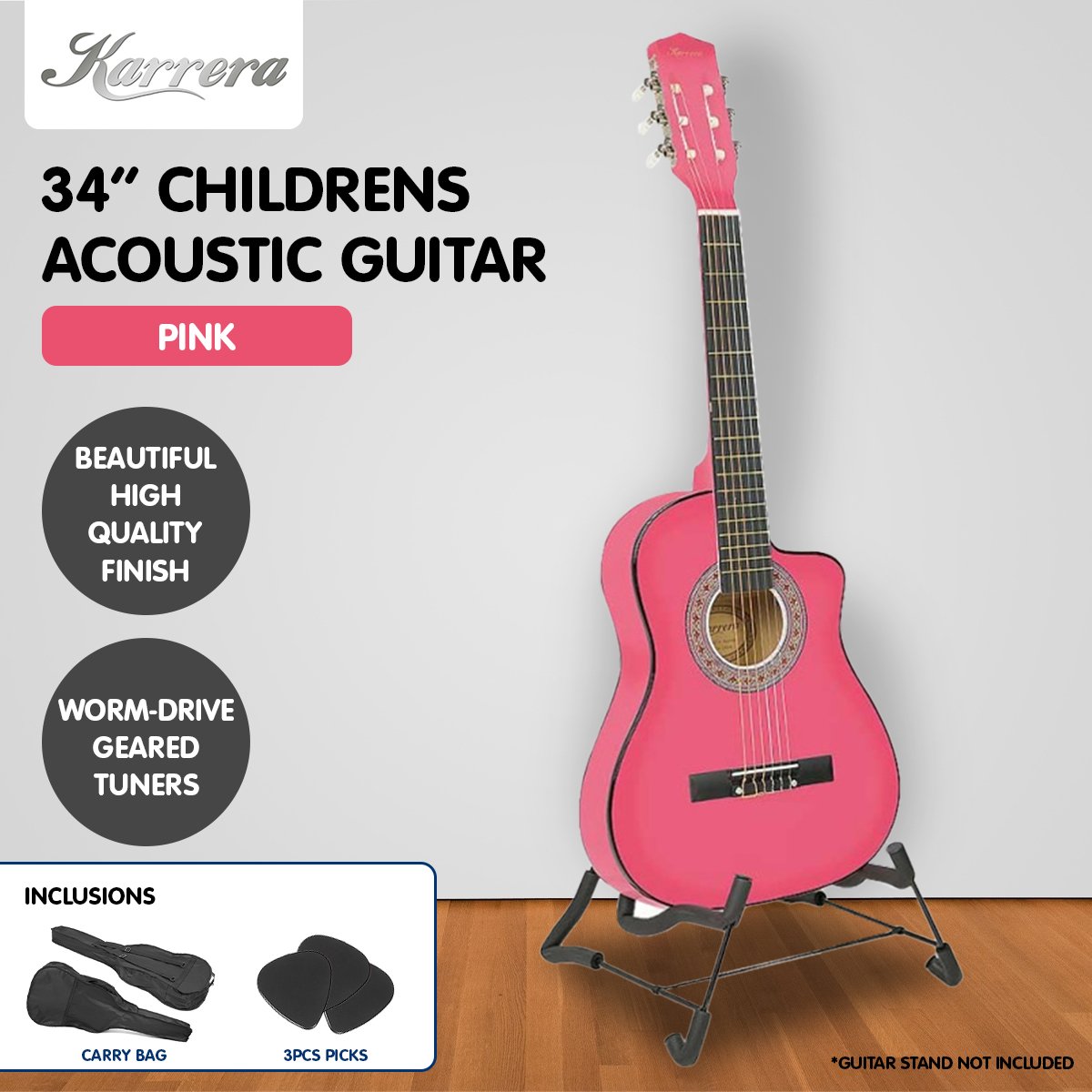 Karrera Children's Acoustic Guitar in Pink, showcasing its beautiful finish and cutaway design, perfect for young learners.