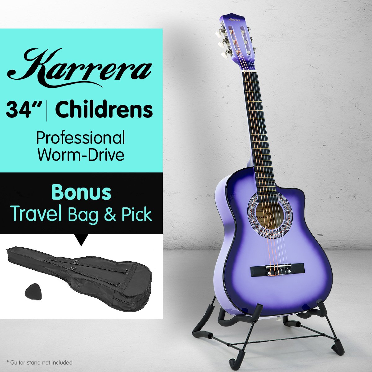 Karrera Children's Acoustic Guitar in Purple, showcasing its cutaway design and high-quality finish, perfect for young musicians.