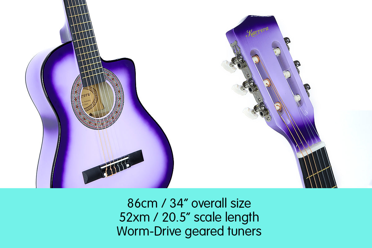 Karrera Children's Acoustic Guitar in Purple, showcasing its cutaway design and high-quality finish, perfect for young musicians.