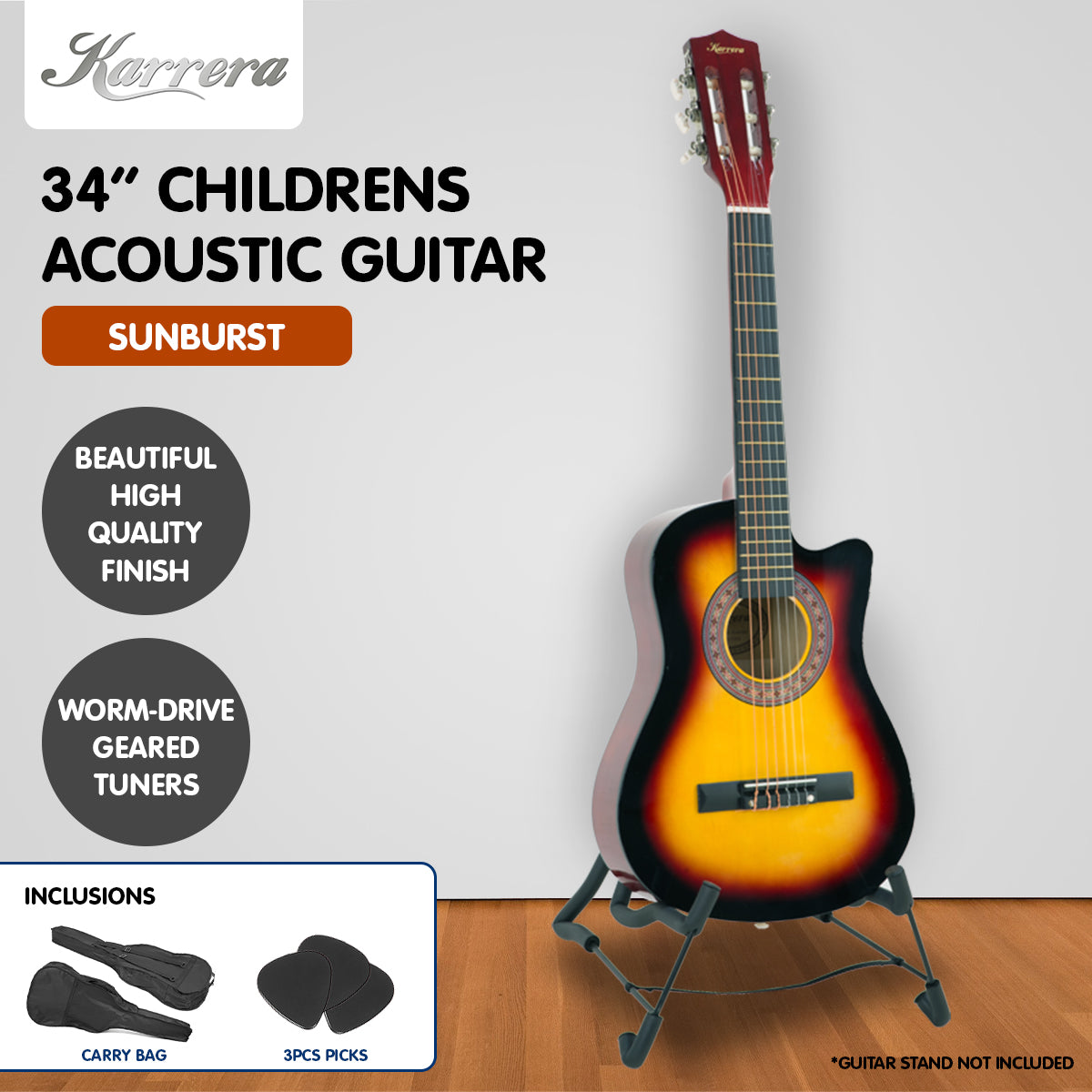 Karrera Children's Acoustic Guitar in sunburst finish, showcasing its beautiful design and craftsmanship, perfect for young learners.