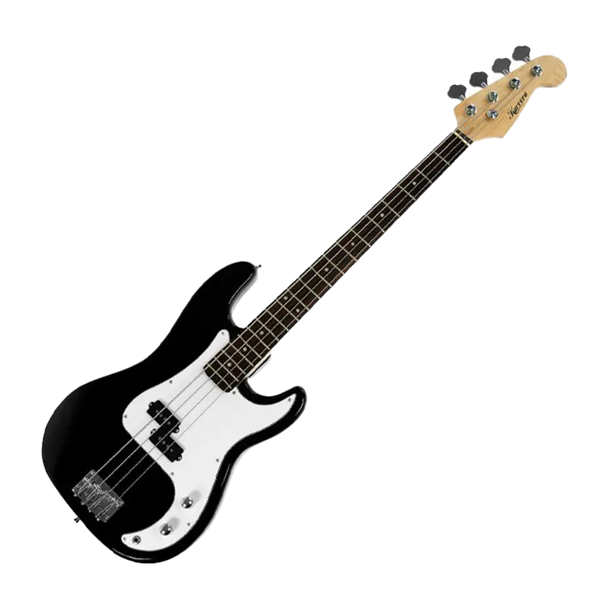 Karrera Electric Bass Guitar in Black with a glossy finish, showcasing its wooden body and twin-coil pickups, perfect for beginners.