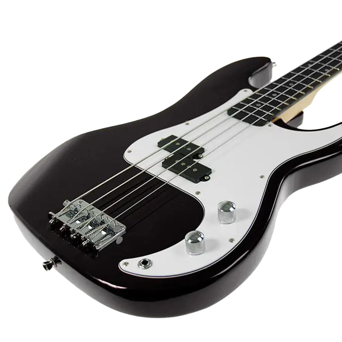 Karrera Electric Bass Guitar in Black with a glossy finish, showcasing its wooden body and twin-coil pickups, perfect for beginners.