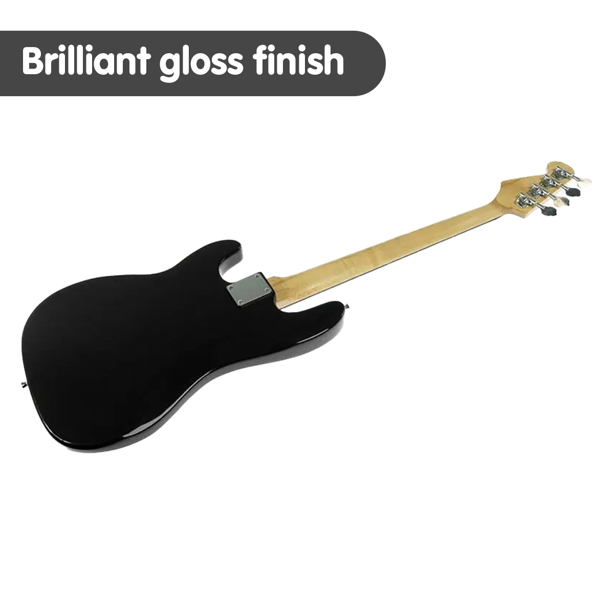 Karrera Electric Bass Guitar in Black with a glossy finish, showcasing its wooden body and twin-coil pickups, perfect for beginners.