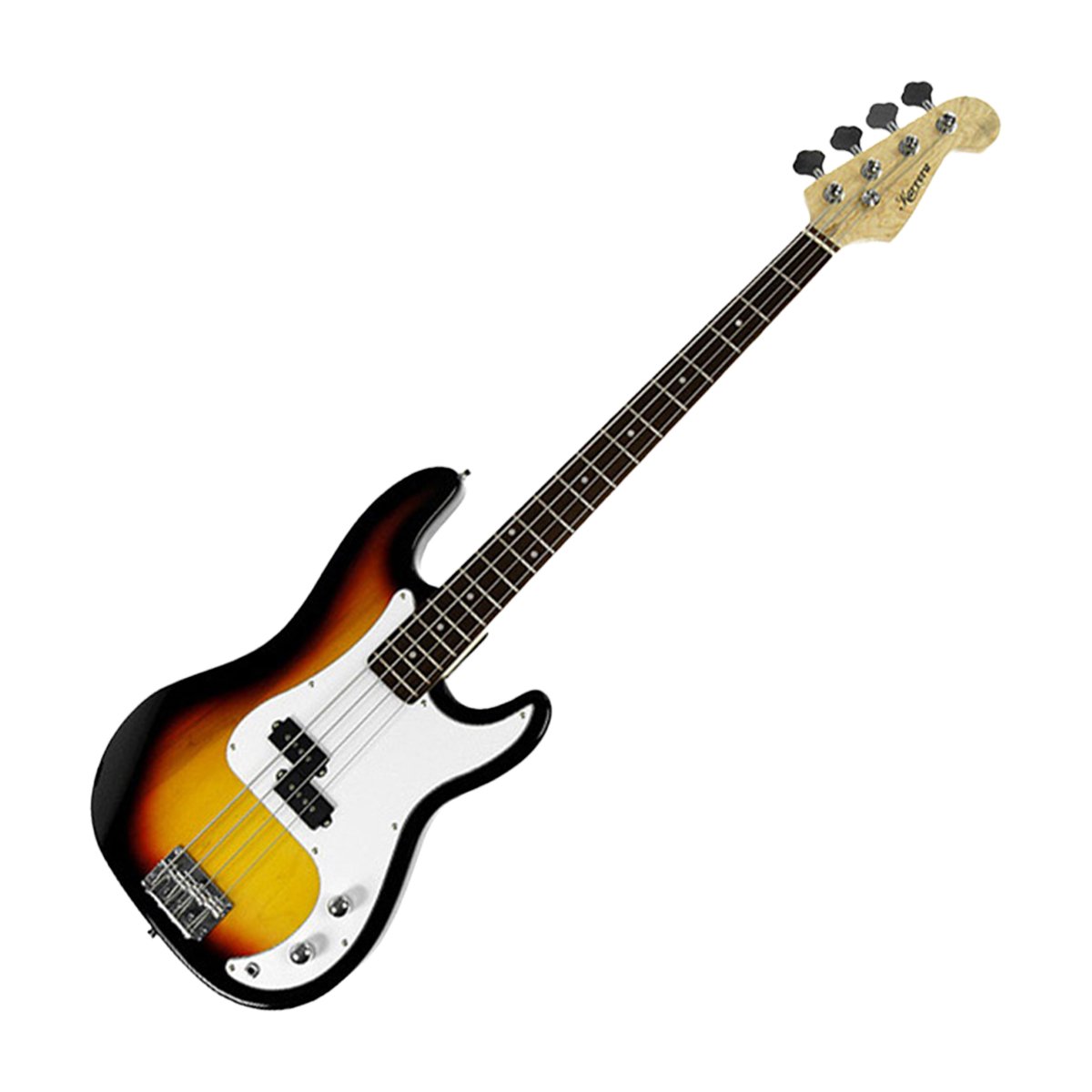 Karrera Electric Bass Guitar Pack in Sunburst finish, showcasing its elegant design and included accessories.