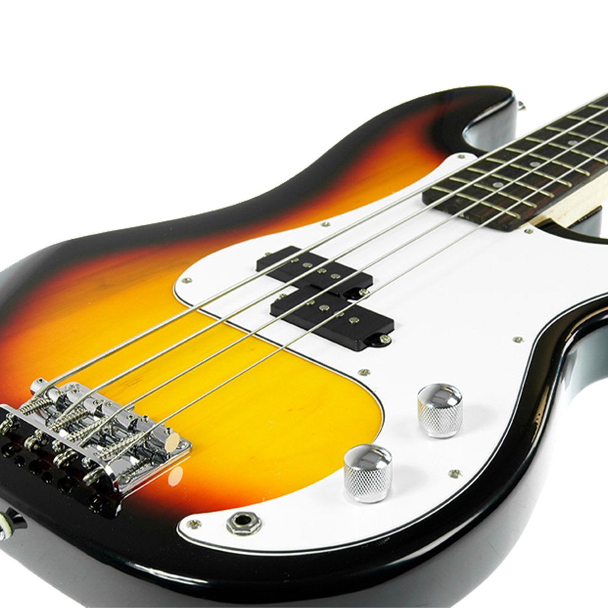 Karrera Electric Bass Guitar Pack in Sunburst finish, showcasing its elegant design and included accessories.