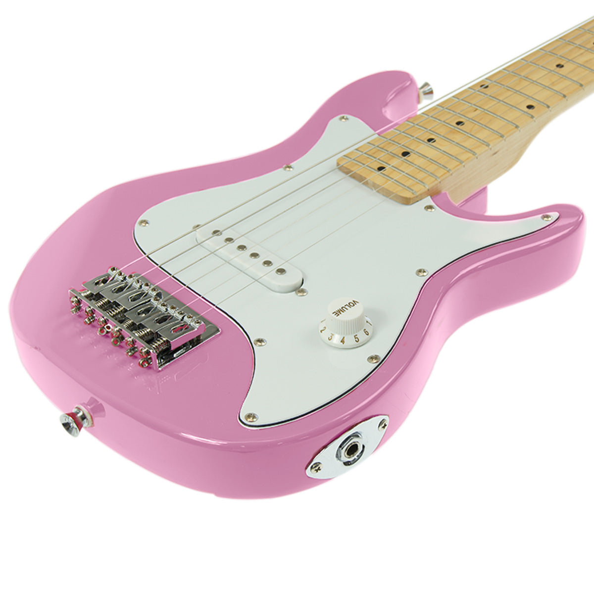 Karrera Electric Children's Guitar in Pink, featuring a glossy finish and 3-layer pickguard, designed for young musicians aged 5-9.