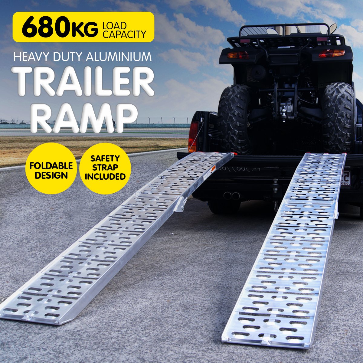 Kartrite 2x Aluminium Folding Loading Ramps designed for ATVs and motorbikes, showcasing their sturdy construction and safety features.