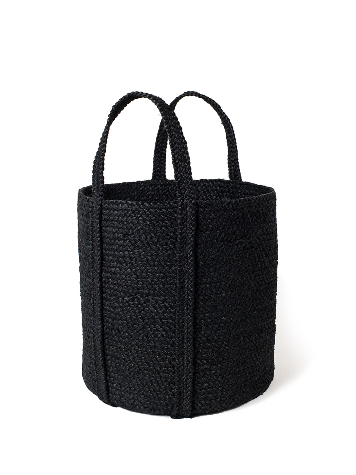 Kata Basket with handle in black, made from braided jute, showcasing its unique texture and design.