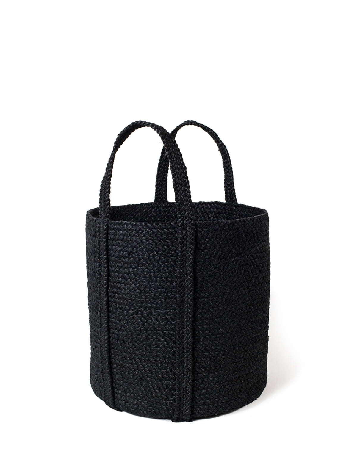 Kata Basket with handle in black, made from braided jute, showcasing its unique texture and design.