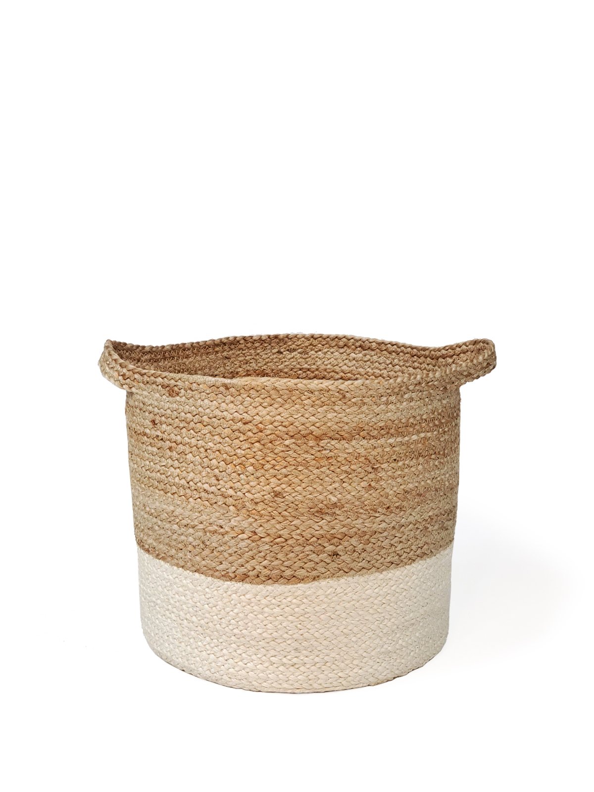 Kata Colorblock basket made from braided jute, featuring a natural and white color scheme, ideal for home storage.