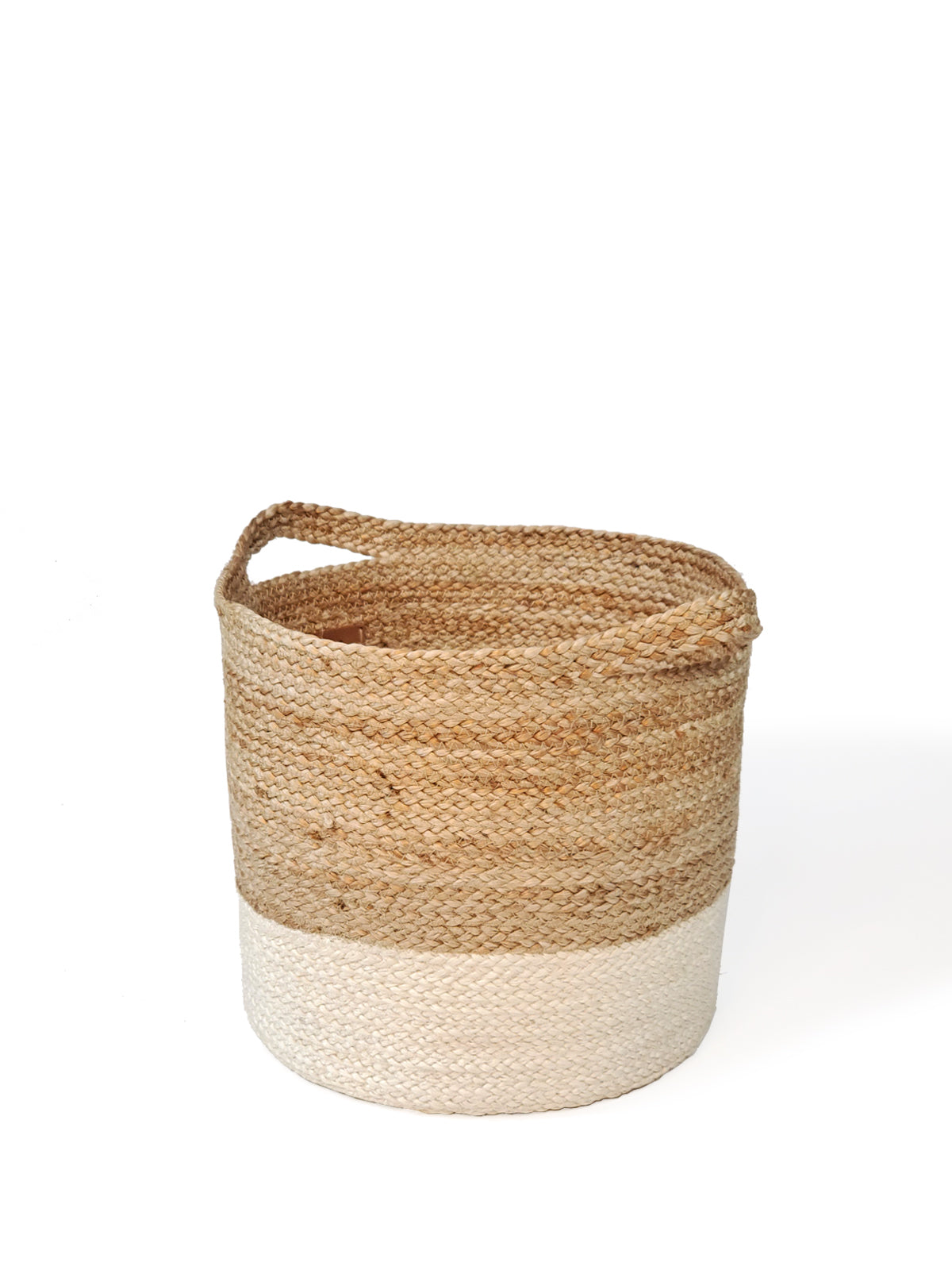 Kata Colorblock basket made from braided jute, featuring a natural and white color scheme, ideal for home storage.