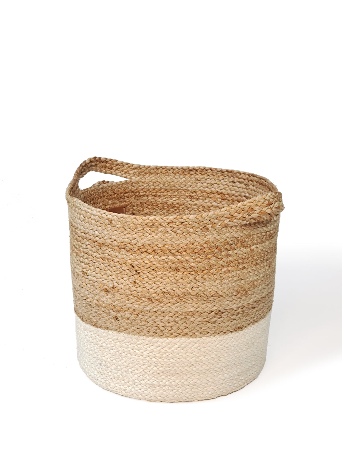 Kata Colorblock basket made from braided jute, featuring a natural and white color scheme, ideal for home storage.