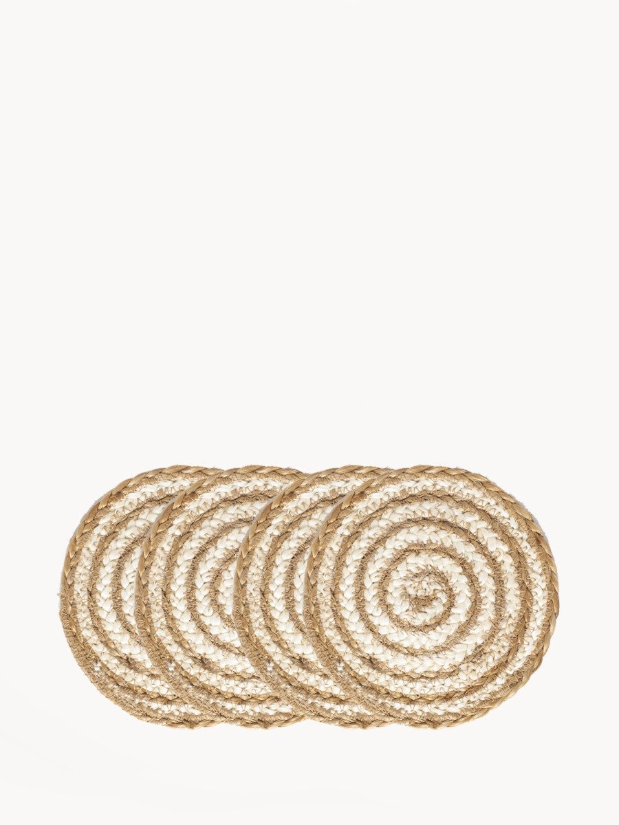 Set of 4 handmade jute coasters in natural color, featuring a spiral design, perfect for protecting surfaces from scratches and watermarks.