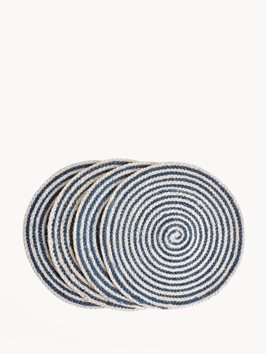 Set of four blue and white round jute placemats, beautifully braided and handcrafted.