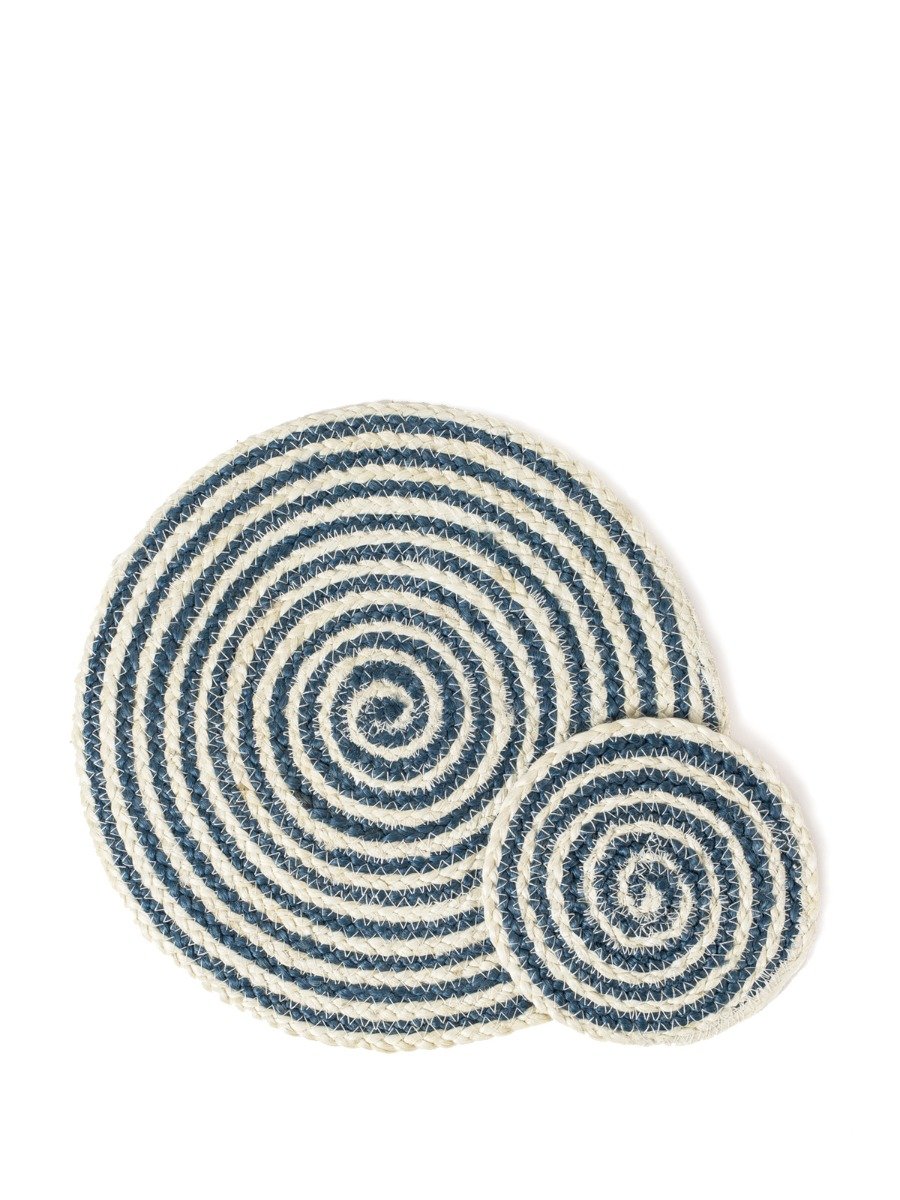 Set of four blue and white round jute placemats, beautifully braided and handcrafted.