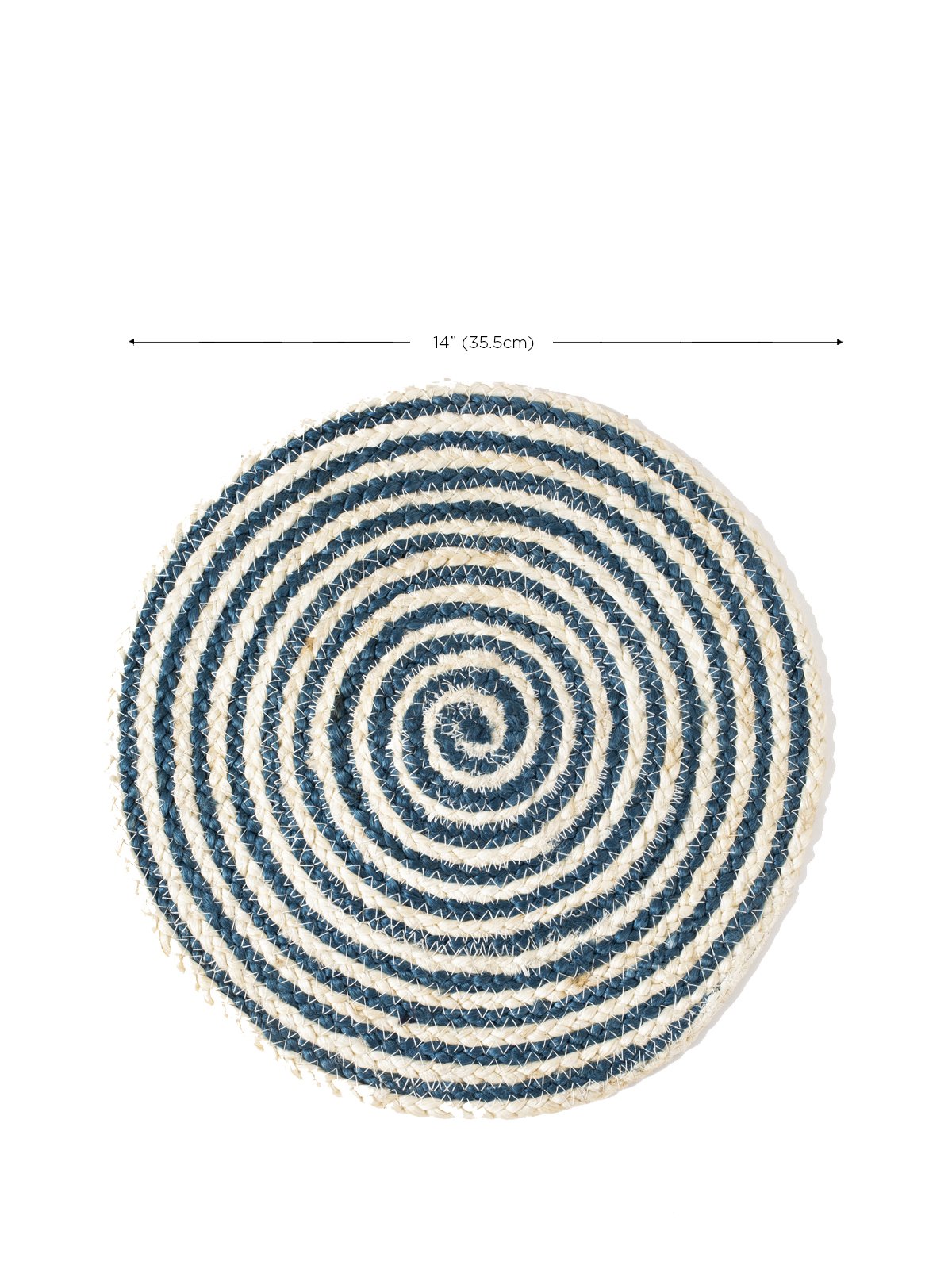 Set of four blue and white round jute placemats, beautifully braided and handcrafted.