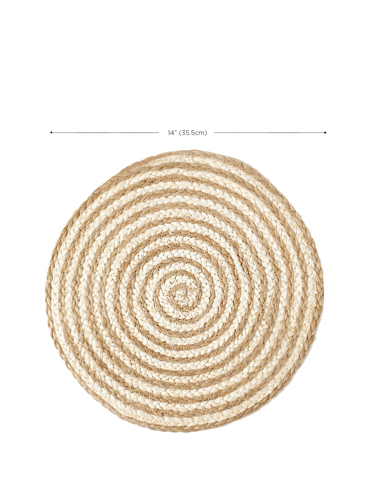 Set of 4 natural jute round placemats with braided texture, perfect for dining tables.