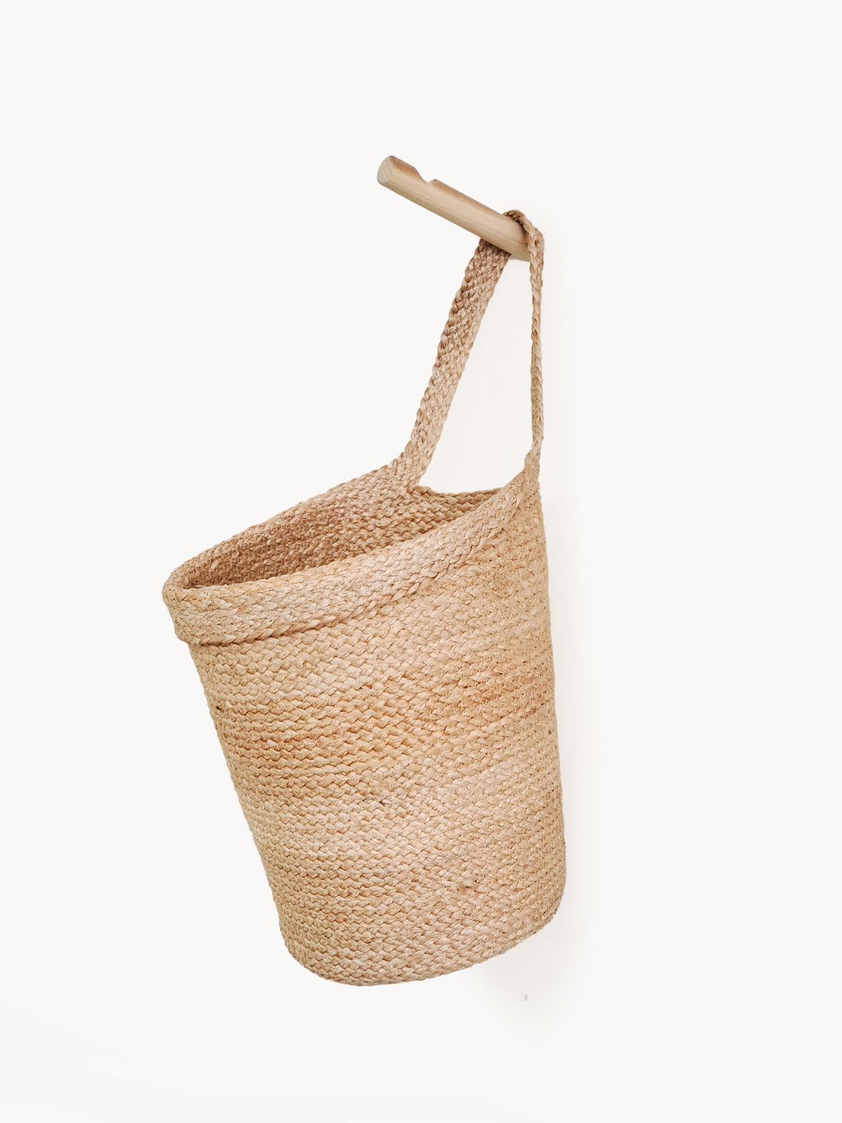 Kata Wall Hanging Basket made from braided jute, showcasing its natural color and unique handcrafted design.