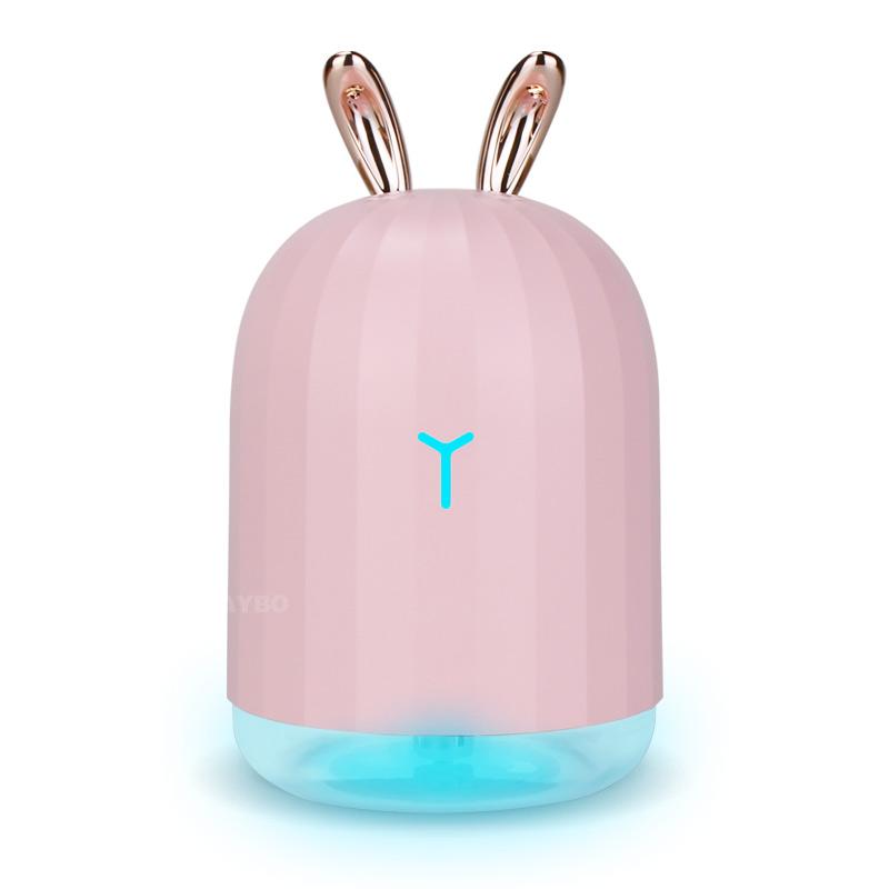 KBAYBO 220ml Mini USB Ultrasonic Humidifier in white with 7 color-changing LED lights, designed for home and car use.