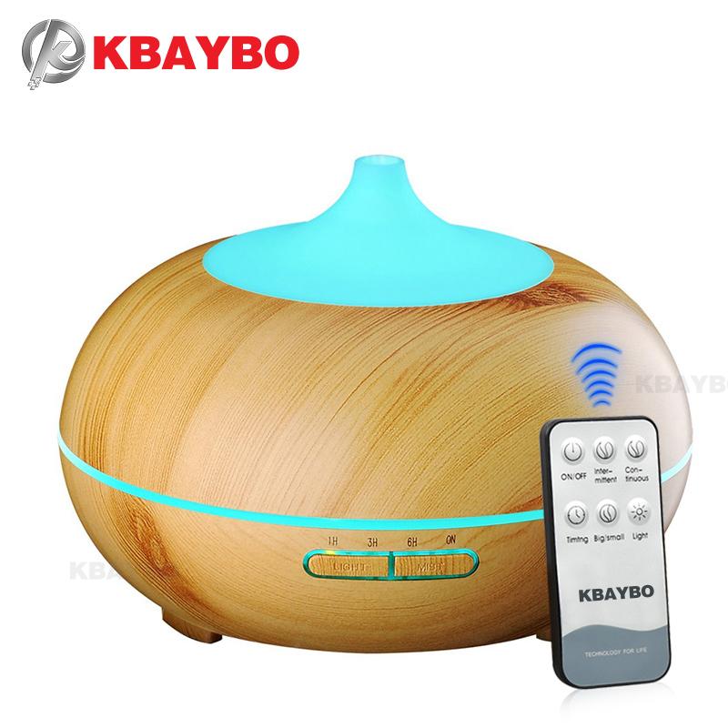 KBAYBO 300ml essential oil aroma diffuser in yellow with wood grain finish, designed for ultrasonic air humidification and aromatherapy.