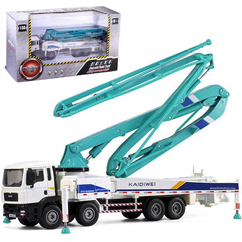 KDW Diecast Alloy Concrete Pump Truck model toy in blue and yellow, showcasing detailed design and realistic features.