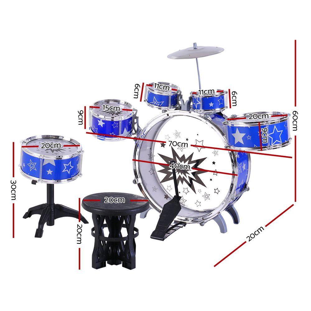 Keezi 11 Piece Kids Drum Set in blue, featuring various drum sizes and a stool, designed for children aged 3 and above.