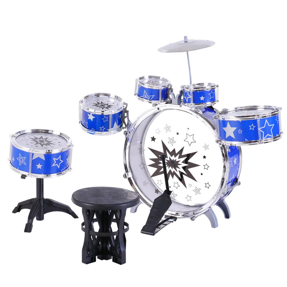 Keezi 11 Piece Kids Drum Set in blue, featuring various drum sizes and a stool, designed for children aged 3 and above.