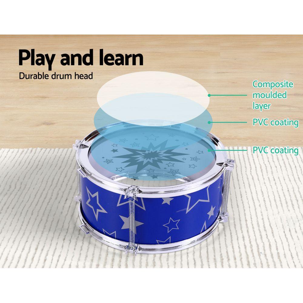 Keezi 11 Piece Kids Drum Set in blue, featuring various drum sizes and a stool, designed for children aged 3 and above.