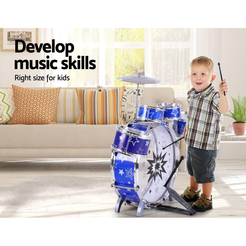 Keezi 11 Piece Kids Drum Set in blue, featuring various drum sizes and a stool, designed for children aged 3 and above.