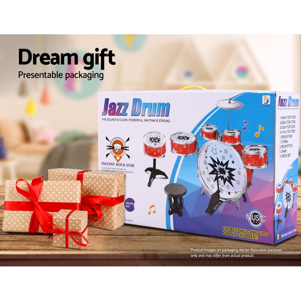 Keezi 11 Piece Kids Drum Set in blue, featuring various drum sizes and a stool, designed for children aged 3 and above.