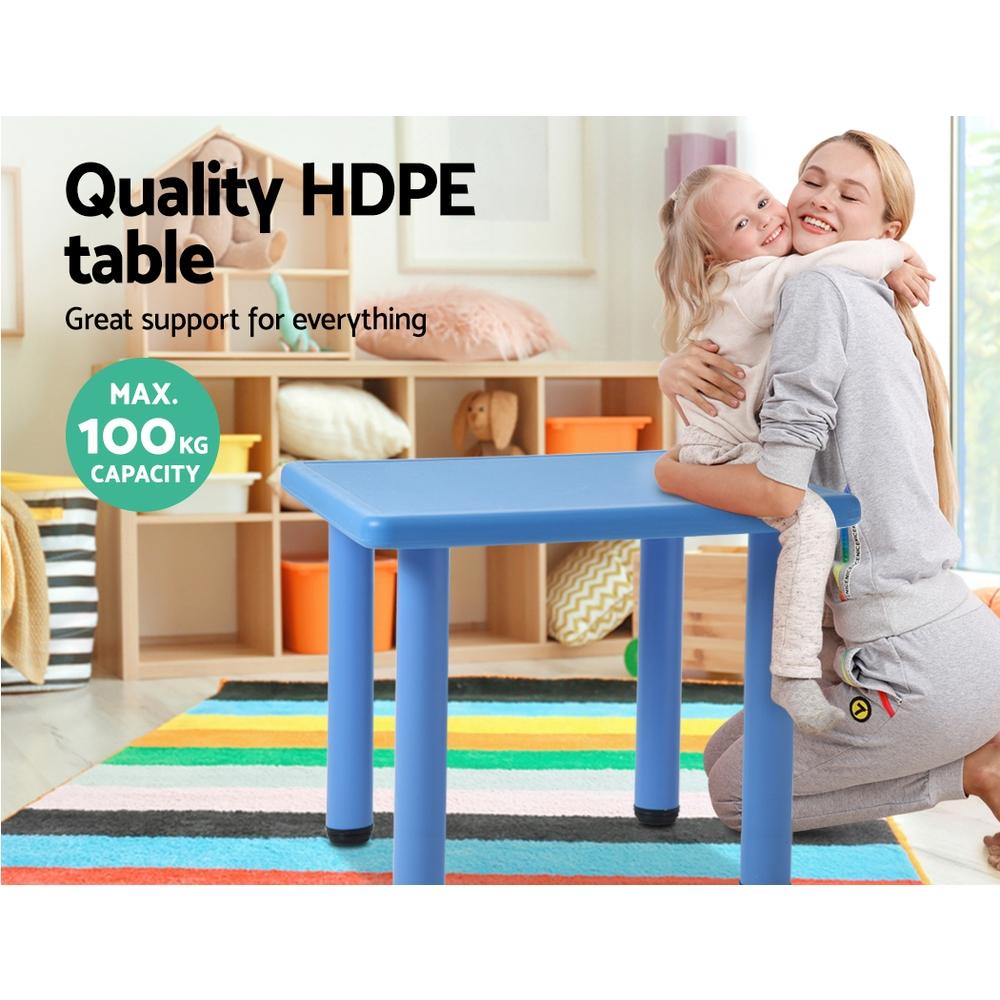 Keezi 60X60CM Kids Table in bright blue, featuring a sturdy design with smooth edges and adjustable height, perfect for children's activities.