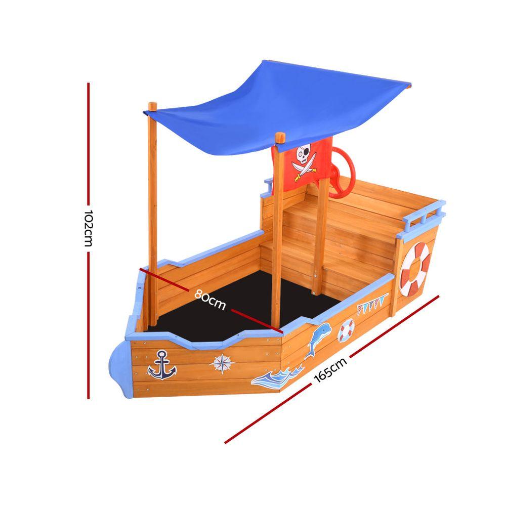 Keezi Boat Sand Pit with Canopy featuring a wooden boat design, steering wheel, and colorful cartoon stickers, perfect for outdoor play.